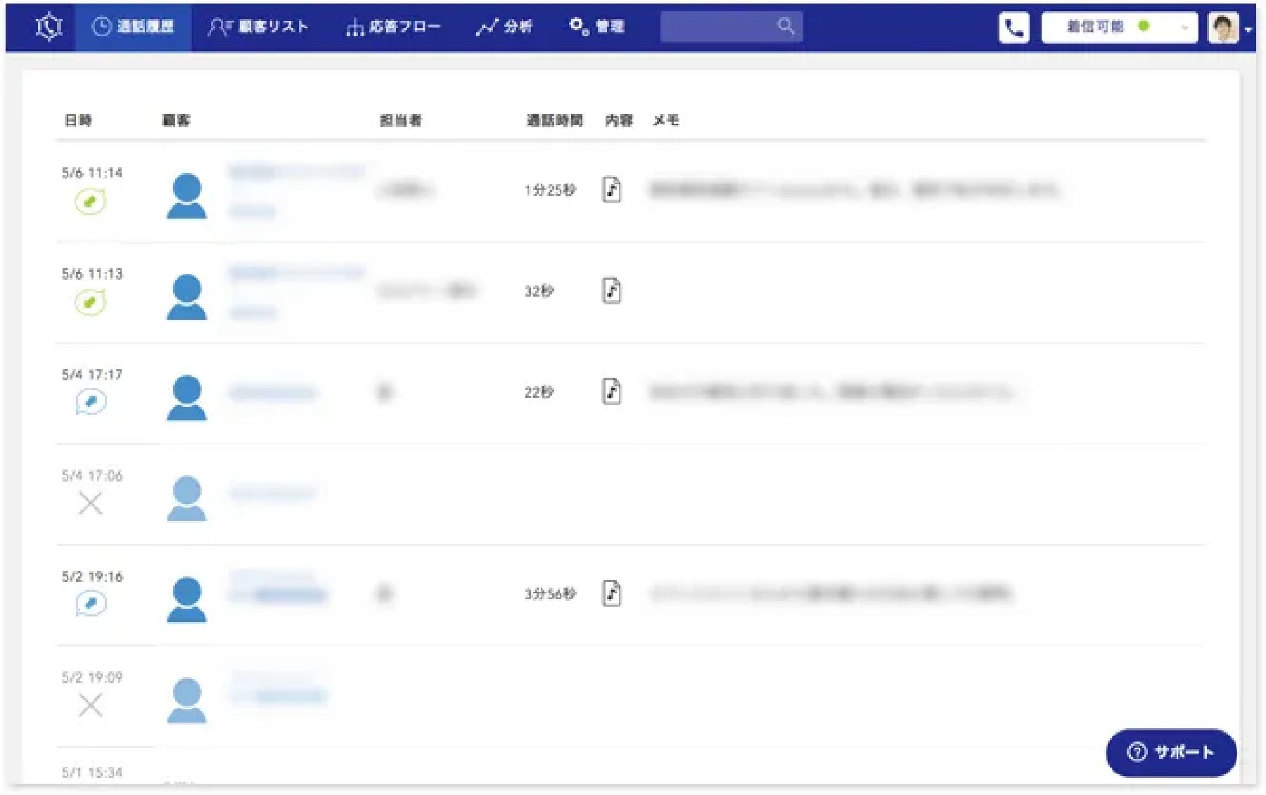 CallConnectの通話履歴管理画面
